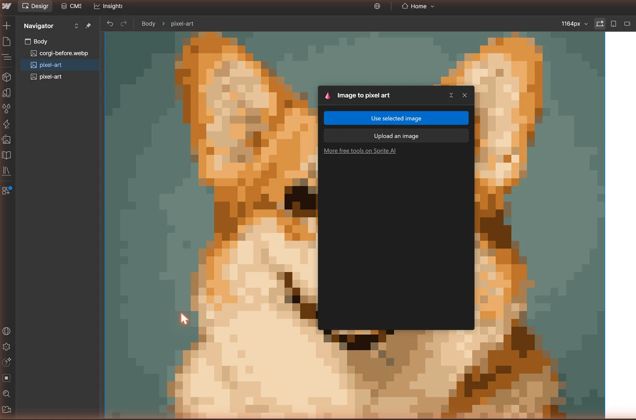 Pixel art inserted on the Webflow canvas, its pixels kept square by the pixel-art class