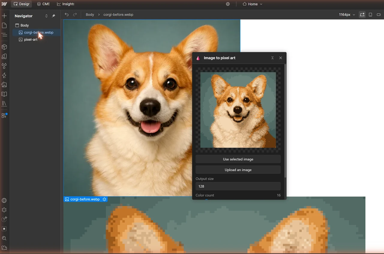 The selected corgi photo previewed as pixel art in the Image to pixel art panel, inside the Webflow Designer